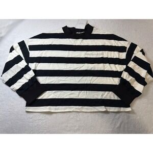 ETCYYNEW Black White Stripe Long Sleeve Cropped Top Mock Neck Pocket XL